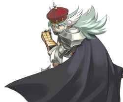 1boy armor breastplate brown_eyes cape commentary_request cowboy_shot crown gauntlets green_hair grey_cape head_wings long_hair looking_at_viewer male_focus meranie mouth_guard paladin_(ragnarok_online) pauldrons ragnarok_online red_crown shoulder_armor simple_background solo white_background white_wings wings