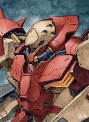artist_name commentary commission english_commentary gundam gundam_hathaway&#039;s_flash hector_trunnec highres machinery mecha mecha_focus messer_(mobile_suit) mobile_suit no_humans one-eyed painting_(medium) red_eyes robot science_fiction solo traditional_media upper_body watercolor_(medium)