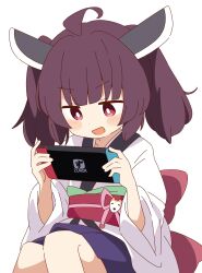 Rule 34 | 1girl, :d, absurdres, ahoge, blue skirt, blush, brown hair, commentary request, dot nose, handheld game console, headgear, highres, holding, holding handheld game console, japanese clothes, kimono, nintendo switch, obi, open mouth, pink eyes, playing games, red sash, sash, short hair, short kimono, short yukata, simple background, sitting, skirt, smile, solo, touhoku kiritan, voiceroid, white background, white kimono, yukata, zungurimukkuri tarou