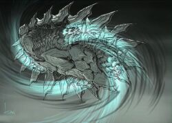 artist_name black_background concept_art energy engi_(animation_studio) exhaust fire flying gamera gamera_(series) gamera_-rebirth- giant giant_monster glowing grey_background kadokawa kaiju monster motion_lines no_humans official_art plasma signature simple_background smoke spikes spinning takahama_kan turtle turtle_shell two-tone_background