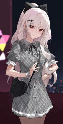 1girl absurdres black_bag black_bow bow dress grey_dress hair_bow hair_ornament hairclip heart-shaped_bag highres looking_at_viewer mac_star original plaid_clothes plaid_dress red_eyes short_sleeves smile solo white_hair