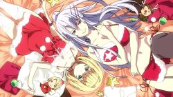 10s 2boys 2girls animal_costume blonde_hair blue_eyes frolaytia_capistrano garter_belt hat havia_winchell heavy_object milinda_brantini multiple_boys multiple_girls nylons purple_eyes purple_hair qwenthur_barbotage reindeer_costume santa_costume santa_hat screencap