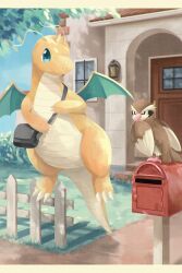 Rule 34 | bag, beak, bird, blue eyes, claws, closed mouth, dragon, dragonite, flying, full body, gen 1 pokemon, highres, horns, house, jacket, mailbag, mailbox (incoming mail), nintendo, no humans, outdoors, pidgey, pokemon, pokemon (creature), pokemon focus, ramune (sea glassblue), shoulder bag, sky, smile, tree, wings