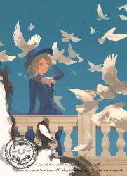1girl arm_up ascot bird black_coat black_hat blue_background boater_hat coat english_text grey_eyes grey_hair hair_bun hand_on_headwear hand_up hat highres kubing_aaa looking_up railing reverse:1999 short_hair single_side_bun solo too_many too_many_birds upper_body vertin_(reverse:1999) white_ascot white_bird