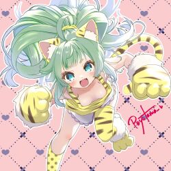 1girl animal_ear_fluff animal_ears animal_hands animal_print apron blue_eyes blush breasts downblouse fang gloves green_hair highres leaning_forward leg_up long_hair looking_at_viewer original paw_gloves paw_shoes po_yo_ta_ma polka_dot_socks ponytail print_shirt print_socks print_thighhighs shirt single_thighhigh sleeveless sleeveless_shirt small_breasts socks solo standing standing_on_one_leg tail thighhighs thighs tiger_ears tiger_girl tiger_print tiger_tail waist_apron white_apron yellow_gloves yellow_socks yellow_thighhighs