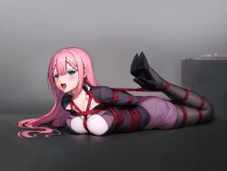 Rule 34 | 1girl, absurdres, arms behind back, bdsm, black pantyhose, blazer, blue eyes, blush, bondage, bound, bound ankles, bound arms, bound calves, bound thighs, bound torso, breasts, cleavage, collared shirt, cryinfg, female focus, full body, high heels, highres, hogtie, jacket, kumachi (aikawaakeya), large breasts, long hair, looking at viewer, lying, medium breasts, office lady, on stomach, open mouth, pantyhose, pencil skirt, pink hair, restrained, shibari, shibari over clothes, shirt, skindentation, skirt, solo, teeth, tongue, tongue out, upper teeth only, variant set, very long hair, white shirt