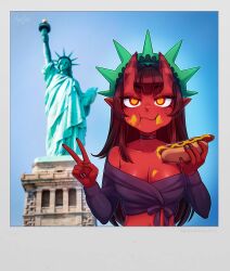 1girl black_hair blunt_bangs breasts cleavage colored_skin demon_girl eating fake_photograph hair_between_horns hat horns hot_dog long_hair looking_at_viewer medium_breasts meruccubus_(merunyaa) merunyaa mole mole_under_eye mustard oni original photo_background pointy_ears polaroid_photo red_oni red_skin skin-covered_horns solo statue_of_liberty v watermark web_address yellow_eyes