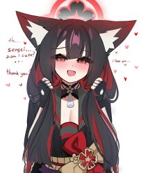 1girl animal_ear_fluff animal_ears black_gloves black_hair black_kimono black_sailor_collar blue_archive breasts cleavage commentary fingerless_gloves fox_ears fox_girl gloves hair_between_eyes highres holding holding_own_hair japanese_clothes kimono long_hair looking_at_viewer multicolored_hair obi sailor_collar sash sidelocks snya_ko solo symbol-only_commentary two-tone_hair wakamo_(blue_archive) yellow_sash