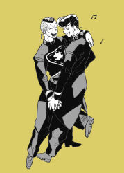 2boys :d anchor_ornament anchor_symbol closed_eyes dancing diamond_wa_kudakenai dollar_sign greyscale_with_colored_background hand_on_another&#039;s_shoulder higashikata_josuke highres holding_hands jojo_no_kimyou_na_bouken male_focus multiple_boys musical_note nijimura_okuyasu open_mouth pants pompadour school_uniform shoes smile t_0nd yaoi yellow_background yen_sign