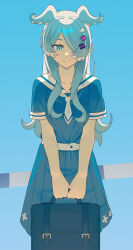 1girl absurdres alternate_costume ascot asymmetrical_bangs asymmetrical_sidelocks bag belt belt_around_waist blue_background blue_bag blue_eyes blue_hair blue_serafuku blue_shirt blue_trim blue_wings breasts closed_mouth collarbone collared_shirt colored_tips commentary commentary_request cross-shaped_pupils elira_pendora english_commentary eyebrows_hidden_by_hair feet_out_of_frame hair_intakes hair_ornament hair_over_one_eye hair_wings half-closed_eyes head_wings highres holding holding_bag karassawa long_eyelashes long_hair long_sidelocks long_skirt looking_at_viewer medium_breasts mixed-language_commentary multicolored_hair narrowed_eyes nijisanji nijisanji_en parted_bangs pleated_skirt print_skirt raised_eyebrows sailor_collar school_bag school_uniform serafuku shade shirt short_sleeves sidelocks single_stripe skirt smile solo split_mouth standing straight-on streaked_hair symbol-shaped_pupils thick_eyelashes tsurime two-tone_hair two-tone_wings v-neck v_arms very_long_hair virtual_youtuber wavy_hair white_ascot white_belt white_hair white_sailor_collar white_sleeve_cuffs white_streaks white_wings wings