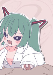 1boy 1girl :3 absurdres aqua_hair black_sclera blush_stickers breasts colored_sclera commentary_request drooling hatsune_miku hetero highres loli long_hair long_sleeves looking_at_viewer mesugaki mimukauwa_nice_try_(vocaloid) mouth_drool navel oishi_kuwagata open_mouth outline paid_reward_available penis pov pov_crotch shirt sleevejob small_breasts twintails vocaloid white_outline white_shirt