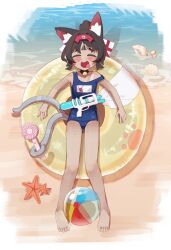 Rule 34 | 1girl, absurdres, animal ears, ball, barefoot, beach, beachball, bell, black hair, blue one-piece swimsuit, cat ears, cat girl, cat tail, character request, closed eyes, commentary, electric fan, erifan0, highres, innertube, multiple tails, neck bell, nekomata, nekomiya mana, one-piece swimsuit, open mouth, school swimsuit, solo, starfish, swim ring, swimsuit, symbol-only commentary, tail, two tails, zenless zone zero