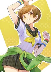 1girl arm_up black_sailor_collar brown_eyes brown_hair clothes_around_waist commentary_request cowboy_shot green_jacket highres jacket jacket_around_waist kanna_nijiniji looking_at_viewer miniskirt neckerchief parted_lips persona persona_4 persona_4:_dancing_all_night persona_dancing pleated_skirt sailor_collar satonaka_chie school_uniform serafuku short_hair short_sleeves skirt smile solo track_jacket white_serafuku wristband yasogami_school_uniform yellow_neckerchief