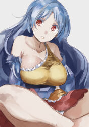 Rule 34 | 1girl, bare legs, blue hair, blue sleeves, breasts, butterfly sitting, cleavage, detached sleeves, dress, large breasts, long hair, multicolored dress, panties, red eyes, sakata nemuno, single-shoulder dress, single strap, sitting, solo, touhou, underwear, white panties, yohane