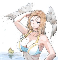 Rule 34 | 1girl, absurdres, arm behind head, breast tattoo, breasts, brown hair, closed mouth, commentary request, eunie (xenoblade), head wings, highres, large breasts, long hair, looking ahead, nemimin, official alternate costume, rubber duck, solo, tattoo, upper body, wet, white background, wings, xenoblade chronicles (series), xenoblade chronicles 3