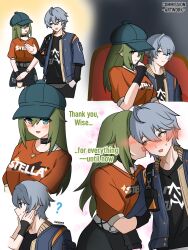 ? black_choker black_skirt blush choker fingerless_gloves gloves green_eyes green_hair hand_on_another&#039;s_face hat highres jacket jewelry kulojawa locked_arms long_hair movie_theater necklace short_hair simple_background sitting skirt star_(symbol) star_necklace sweatdrop venus_(zenless_zone_zero) wise_(zenless_zone_zero) zenless_zone_zero
