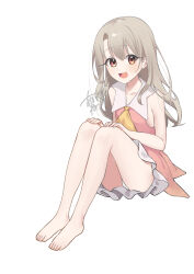1girl akaneko016 ascot bare_shoulders barefoot blush breasts dress fate/kaleid_liner_prisma_illya fate_(series) highres illyasviel_von_einzbern long_hair looking_at_viewer open_mouth pink_dress prisma_illya red_eyes sidelocks sitting skirt small_breasts smile solo white_hair white_skirt