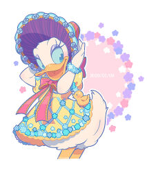 1girl bird bow daisy_duck disney duck duck_girl furry furry_female happy hat kiri_futoshi looking_at_viewer mickey_mouse_&amp;_friends puffy_sleeves shirt short_sleeves simple_background smile solo white_background