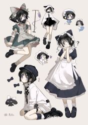 1girl ? alien_stage animal_ears apron aqua_dress armband bandaged_wrist bandages black_dress black_hair black_hat black_shoes blood blood_on_clothes bolihuagang bow cat_ears chibi chibi_inset cloak closed_mouth cross cross_print dress expressionless fake_animal_ears frilled_hairband frills hair_bow hairband hat head_tilt highres hood hooded_cloak kneehighs long_dress looking_at_viewer maid mask mouth_mask multiple_views nurse petticoat puffy_short_sleeves puffy_sleeves purple_eyes respirator shoes short_hair short_sleeves simple_background sitting socks standing sua_(alien_stage) sweater white_apron white_armband white_background white_cloak white_hat white_socks white_sweater
