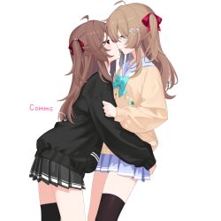 2girls absurdres ahoge blue_eyes brown_hair commission evil_neuro-sama hair_ornament heart heart_hair_ornament highres imminent_kiss incest izumi_(izzmuui) long_hair multiple_girls neuro-sama parted_lips red_eyes siblings simple_background twincest twins vedal987 vedal_ai virtual_youtuber white_background yuri