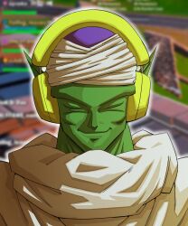 1boy absurdres alien cheekbones closed_eyes closed_mouth collar colored_skin commentary demon dragon_ball dragonball_z english_commentary fortnite gradient_outline green_skin hat headphones highres ishowspeed_trying_not_to_laugh_(meme) male_focus meme nose outline piccolo playing_games pointy_ears puffy_collar shirt smile solo v-shaped_eyebrows white_collar white_hat white_outline white_shirt zerooart