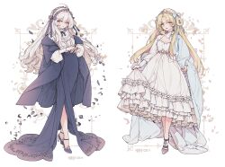 2girls ahoge black_footwear black_shawl black_skirt blonde_hair blue_bow blue_shawl bow breasts cleavage colored_inner_hair double-parted_bangs dress fashion frilled_dress frills full_body gold_tiara gothic_lolita headdress high_heels lemon89h lolita_fashion long_hair long_skirt looking_at_viewer multicolored_hair multiple_girls neck_ribbon original own_hands_together parted_bangs pink_eyes pink_hair pink_lips pink_nails ribbon shawl shirt sidelocks simple_background skirt small_breasts standing two-tone_hair wavy_hair white_dress white_hair white_ribbon white_shirt yellow_eyes