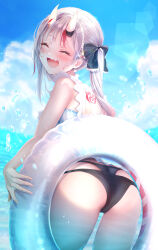 1girl absurdres ass bikini black_bikini black_bow blue_bikini blue_sky bow closed_eyes cloud commentary day fang frilled_bikini frills from_behind gradient_hair grey_hair hair_bow highres holding holding_swim_ring hololive horns innertube layered_bikini long_hair multicolored_hair nakiri_ayame nakiri_ayame_(hololive_summer_2019) ocean official_alternate_costume oni open_mouth outdoors red_hair skin-covered_horns skin_fang sky smile solo streaked_hair swim_ring swimsuit terra_bose twintails virtual_youtuber