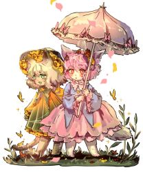 Rule 34 | 2girls, :d, animal ears, black hat, blue shirt, bow, bug, butterfly, buttons, cat ears, cat tail, dress, flower, frilled sleeves, frills, gradient clothes, gradient dress, green dress, green eyes, hat, heart button, highres, holding, holding umbrella, insect, kemonomimi mode, komeiji koishi, komeiji satori, long sleeves, multiple girls, open mouth, pink bow, pink hair, pink skirt, pink umbrella, red eyes, shirt, short hair, shouxishao jiuyuan, siblings, sisters, skirt, smile, standing, tail, touhou, umbrella, white background, wide sleeves, yellow dress, yellow flower