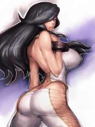 10s 1girl amamiya_tsubaki arched_back ass back black_hair bracelet breasts butt_crack corset covered_erect_nipples female_focus from_behind fumio_(rsqkr) god_eater god_eater_burst hair_over_one_eye huge_breasts jewelry lace laces lips long_hair looking_back mole no_bra no_panties pants red_eyes solo