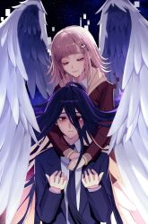 Rule 34 | 1boy, 1girl, angel wings, black hair, black jacket, black necktie, blunt bangs, brown jacket, closed eyes, closed mouth, collared shirt, crying, crying with eyes open, danganronpa (series), danganronpa 3 (anime), eyelashes, feathers, galaga, glitch, hair ornament, highres, jacket, kamukura izuru, kkochmeli, long hair, long sleeves, medium hair, nanami chiaki, necktie, night, night sky, open clothes, open jacket, red eyes, shirt, sky, smile, spoilers, star (sky), tears, white feathers, white shirt, wings