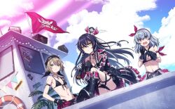 &gt;:( 3girls anchor_choker anchor_pendant arm_ribbon bandana bikini binoculars black_bandana black_bikini black_gloves black_hair blue_sky boat boots breasts brown_hair bunting cloud cloudy_sky collarbone counter:side criss-cross_halter crossed_bangs dracasia dutch_angle fold-over_boots front-tie_bikini_top front-tie_top frown gloves grey_hair hair_ornament hairband hairclip halterneck hand_on_own_hip hat hat_feather holding holding_binoculars knee_boots leaf leg_up long_hair looking_ahead looking_at_viewer multicolored_hair multiple_girls navel official_art pirate purple_light red_flag ribbon scar sky sonya_bill speaker sticker stomach streaked_hair swimsuit tallie_(counter:side) underboob v-shaped_eyebrows watercraft wavy_mouth white_hair yellow_eyes