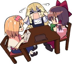 &gt;_&lt; 3girls alice_margatroid black_bow black_footwear black_vest blonde_hair blue_dress bow braid brown_hair capelet chair cho_cola_star closed_eyes cookie_(touhou) cup detached_sleeves dress frilled_hair_tubes frilled_hairband frilled_necktie frilled_sash frills full_body green_tea hair_bow hair_tubes hairband hakurei_reimu hinase_(cookie) kirisame_marisa long_hair mary_janes medium_hair menu multiple_girls napkin_holder necktie open_mouth pink_hairband pink_necktie pink_sash pink_sleeves red_bow red_eyes reu_(cookie) sash shirt shoes side_braid simple_background sitting smile table tea touhou transparent_background uzuki_(cookie) vest white_capelet white_shirt yunomi