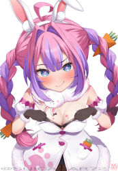 1girl ahoge animal_ears black_gloves black_leotard black_pantyhose blue_eyes blush braid breasts carrot_hair_ornament closed_mouth cosplay don-chan_(usada_pekora) dress fake_animal_ears food-themed_hair_ornament fur-trimmed_dress fur-trimmed_gloves fur_trim gloves hair_ornament highres hololive hololive_dev_is kikirara_vivi leotard leotard_under_clothes medium_breasts multicolored_hair pantyhose pink_hair purple_hair rabbit_ears smile solo streaked_hair suicabar72 twin_braids usada_pekora usada_pekora_(1st_costume) usada_pekora_(cosplay) virtual_youtuber white_dress