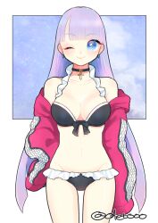 1girl absurdres bikini black_bikini blue_eyes breasts choker collarbone cross cross_choker dot_nose fate/grand_order fate_(series) highres jacket large_breasts long_hair long_sleeves martha_(fate) martha_(swimsuit_ruler)_(fate) odetooo one_eye_closed purple_eyes purple_hair sleeves_past_fingers sleeves_past_wrists solo swimsuit