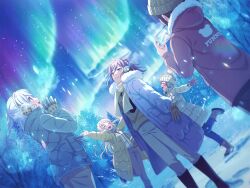 5girls aurora bang_dream! beanie black_hair blonde_hair blue_hair boots cellphone closed_eyes coat dutch_angle earmuffs fur-trimmed_coat fur_trim gloves hat hello_happy_world! holding holding_phone hood hood_down hooded_jacket jacket kitazawa_hagumi long_hair long_sleeves looking_up matsubara_kanon multiple_girls night night_sky official_art okusawa_misaki one_side_up open_mouth orange_hair outdoors pants phone ponytail purple_eyes purple_hair red_eyes scarf seta_kaoru sky smartphone smile snow standing star_(sky) starry_sky taking_picture third-party_source tree tsurumaki_kokoro winter_clothes