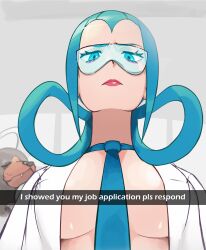 Rule 34 | 1girl, absurdres, blue eyes, blue hair, coat, dog, english text, gen 2 pokemon, glasses, green hair, hair rings, hentaly, highres, horns, houndoom, i showed you my dick please respond (meme), lab coat, lipstick, looking at viewer, mable (pokemon), makeup, meme, necktie, nintendo, open clothes, pokemon, pokemon (creature), pokemon legends: z-a, snapchat, white coat