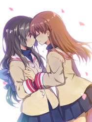 Rule 34 | 2girls, aged up, beige jacket, black legwear, blue skirt, brown eyes, clannad, cowboy shot, eye contact, grey hair, hikarizaka private high school uniform, holding hands, ibuki fuuko, lliissaawwuu2, long hair, looking at another, matching outfits, multiple girls, okazaki ushio, pantyhose, pleated skirt, sailor collar, school uniform, skirt, white sailor collar, yuri