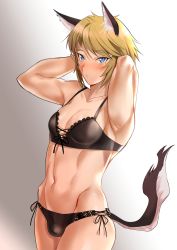 Rule 34 | 1boy, animal ears, armpits, arms up, blonde hair, blue eyes, blush stickers, bulge, crossdressing, crossdressing (mtf), elf, highres, kemonomimi mode, lingerie, link, looking at viewer, male focus, muscular, nintendo, pointy ears, solo, tail, tamatamako01, the legend of zelda, trap, underwear
