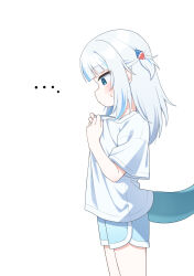Rule 34 | ..., 1girl, absurdres, blue eyes, blue shorts, blue streaks, blunt bangs, blush, dolphin shorts, fins, fish tail, from side, gawr gura, grey hair, hair ornament, highres, hololive, hololive english, looking at breasts, multicolored hair, pulling own clothes, shark girl, shark hair ornament, shark tail, shirt, shorts, sidelocks, solo, streaked hair, sweatdrop, tail, two side up, ugaaaa1, virtual youtuber, white background, white shirt