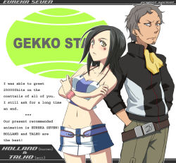 00s 1boy 1girl anji artist_collaboration black_hair bones_(company) breasts character_name cleavage copyright_name crossed_arms english_text engrish_text eureka_seven eureka_seven_(series) grey_eyes grey_hair groin hands_in_pockets holland holland_novak kuroo_(project_apricot) long_sleeves milestone_celebration miniskirt ranguage skirt small_breasts talho_yuuki text_focus