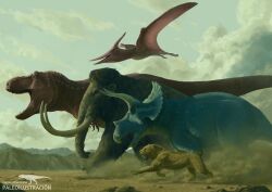 animal artist_name desert dinosaur flying mammoth no_humans parody power_rangers pteranodon realistic reference running sabertooth_cat super_sentai triceratops tyrannosaurus_rex