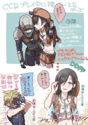 1boy 1girl arm_around_shoulder armor bare_shoulders belt belt_buckle black_hair black_undershirt blonde_hair blush breasts brown_headwear brown_skirt brown_vest buckle cloud_strife commentary_request cowboy_hat cowboy_shot crisis_core_final_fantasy_vii crop_top cropped_legs dissidia_final_fantasy ear_blush earrings final_fantasy final_fantasy_vii fingerless_gloves gloves green_scarf hand_on_another&#039;s_hip hands_on_own_face hat helmet highres human_crutch jewelry long_hair medium_breasts midriff navel official_alternate_costume oshibainoticket red_eyes scarf shinra_infantry shinra_infantry_uniform short_hair shoulder_armor shoulder_blush shoulder_support single_earring skirt speech_bubble spiked_hair sweatdrop swept_bangs tifa_lockhart tifa_lockhart_(cowgirl) translation_request unworn_headwear upper_body vest