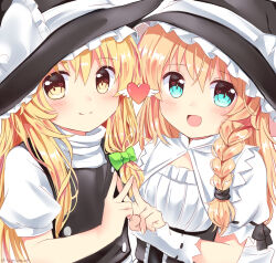 Rule 34 | 2girls, :d, black hat, black vest, blonde hair, bow, braid, closed mouth, commentary request, curiosities of lotus asia, dress, dual persona, green bow, green eyes, hair bow, hat, hat bow, hat ribbon, highres, kirisame marisa, looking at viewer, multiple girls, open mouth, puff and slash sleeves, puffy sleeves, ramudia (lamyun), ribbon, shirt, side braid, smile, touhou, twitter username, upper body, v, vest, white bow, white dress, white ribbon, white shirt, winged heart, witch hat, wrist cuffs, yellow background