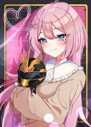 1girl absurdres blue_eyes blush bow character_request closed_mouth hair_bow hana_s heart highres long_hair long_sleeves looking_at_viewer no.1_sentai_gozyuger pink_hair shirt solo stuffed_toy super_sentai sweater_vest watermark white_shirt