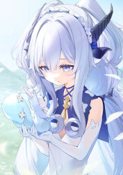 Rule 34 | 1girl, abby (azur promilia), amana (pocketkey), animal, azur promilia, black horns, blue dress, blue eyes, dragon horns, dress, elbow gloves, falling petals, flower, gloves, hair flower, hair ornament, headband, highres, holding, holding animal, horns, light smile, long hair, looking at animal, petals, petite, solo, squirrel, two-tone dress, upper body, very long hair, white dress, white gloves, white hair