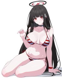 1girl alternate_costume arm_support bare_legs bare_shoulders bikini black_choker black_hair black_halo blue_archive blunt_bangs blush breasts choker closed_eyes collarbone covered_erect_nipples full_body halo halterneck highres large_breasts long_hair looking_at_viewer mechanical_halo multiple_expressions multiple_views navel purple_eyes red_bikini red_eyes reia_76 rio_(blue_archive) side-tie_bikini_bottom simple_background sitting smile solo stomach straight_hair strap_lift string_bikini striped_bikini striped_clothes swimsuit thighs very_long_hair white_background white_bikini wristband yokozuwari