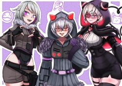 1girl absurdres alternate_breast_size alternate_costume alternate_design alternate_eye_color armlet barcode belt blush breasts brown_jacket cleavage cleavage_cutout clothing_cutout coat command_&amp;_conquer command_&amp;_conquer:_red_alert command_&amp;_conquer:_red_alert_2 double-parted_bangs flat_chest fur-trimmed_coat fur_trim grey_coat heart heart_hands highres hip_vent hood hood_down hood_up horned_hood horns jacket jewelry large_breasts leotard libra_(mental_omega) mental_omega_(mod) naihebridge purple_background purple_eyes red_eyes resh_vav_yod_symbol short_hair shorts small_breasts smile thighs tongue tongue_out white_hair