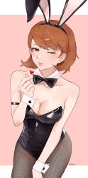 1girl absurdres animal_ears arm_strap artist_name black_bow black_bowtie black_leotard black_pantyhose blush border bow bowtie breasts brown_eyes brown_hair cleavage collarbone commentary cowboy_shot detached_collar english_commentary finger_heart fishnet_pantyhose fishnets flipped_hair heart highres leotard long_sleeves looking_at_viewer medium_breasts n7grey one_eye_closed outside_border pantyhose parted_lips persona persona_3 pink_background playboy_bunny rabbit_ears shiny_clothes short_hair smile solo strapless strapless_leotard takeba_yukari white_border wrist_cuffs