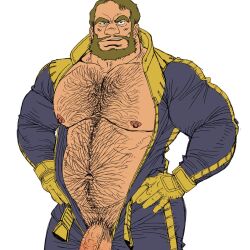 1boy bara bare_pectorals beard belly chest_hair commentary_request facial_hair full_beard gaia_(gundam) gundam hairy hands_on_own_hips jiraiya_(mangaka) large_pectorals looking_at_viewer male_focus male_pubic_hair mecha_pilot_suit mobile_suit_gundam navel nipples pectorals penis_out penis_out_of_frame pubic_hair short_hair simple_background solo testicles unzipped white_background