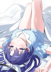 1girl absurdres animal_print bed_sheet black_halo blue_archive blue_eyes blue_hair blue_pajamas blue_shirt blue_shorts blush breasts cat_print closed_mouth commentary_request hairband halo highres korean_commentary long_hair looking_at_viewer lying medium_breasts miisan official_alternate_costume on_back on_bed pajamas print_pajamas shirt short_sleeves shorts sleepwear solo thighs upside-down white_hairband yuuka_(blue_archive) yuuka_(pajamas)_(blue_archive)